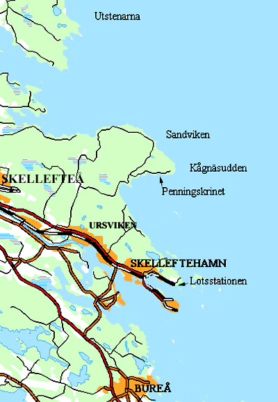 Karta över Skelleftehamn, Ursviken, Kågnäset och Penningskrinet.